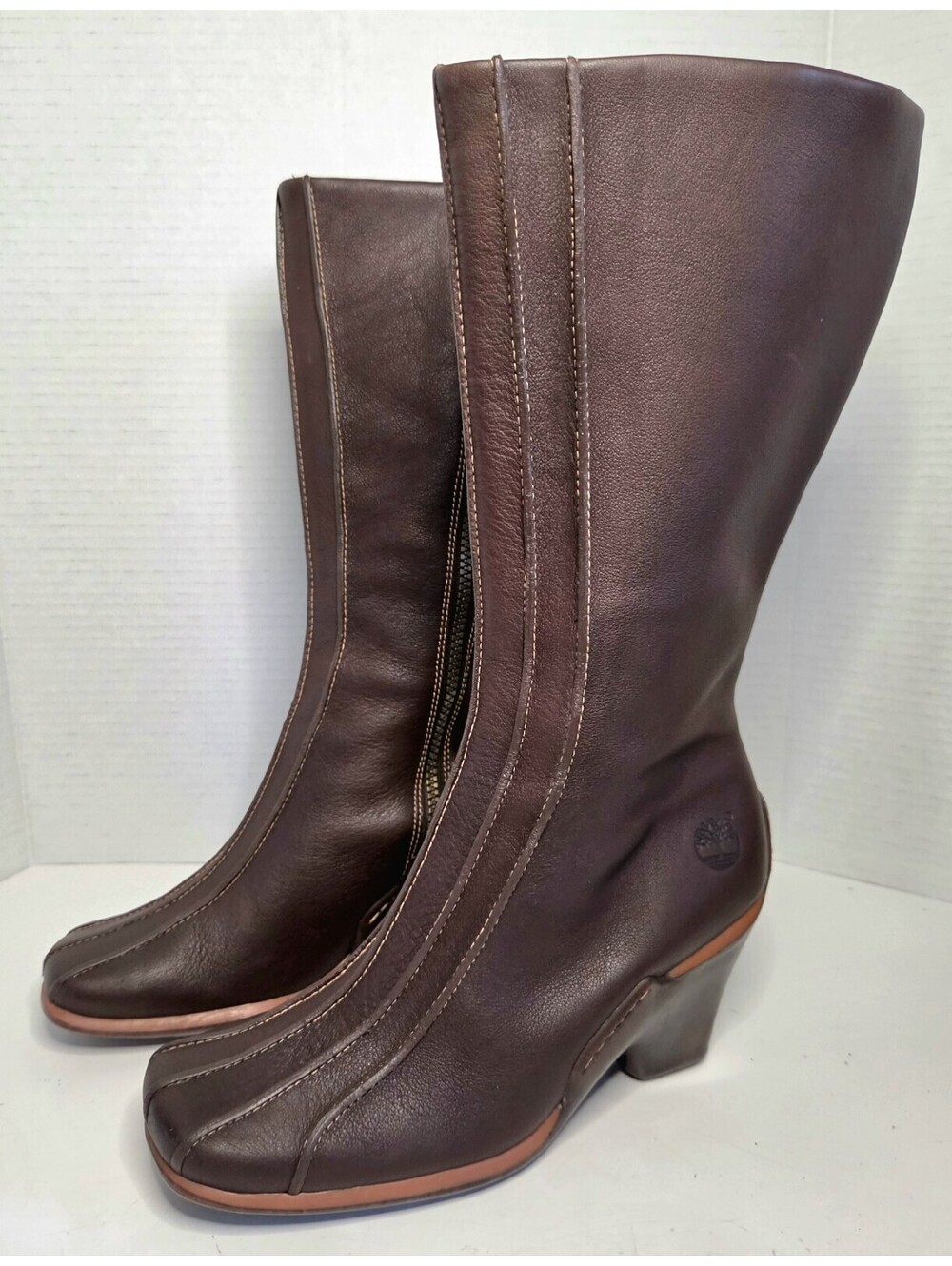 Timberland Uptown Tall Genuine Brown Leather Heeled Boots Side Zip Women’s 9 - Picture 4 of 9